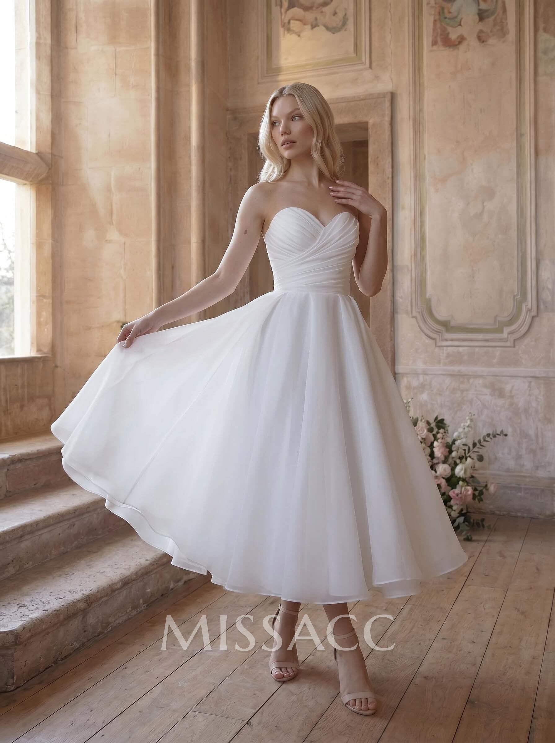 Elegant Pleated Sweetheart A-Line Ankle-Length Satin/Tulle Wedding Dresses