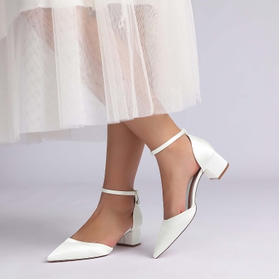 Casual Ankle Strap Heel Silk Like Satin Point Toe Wedding Shoes