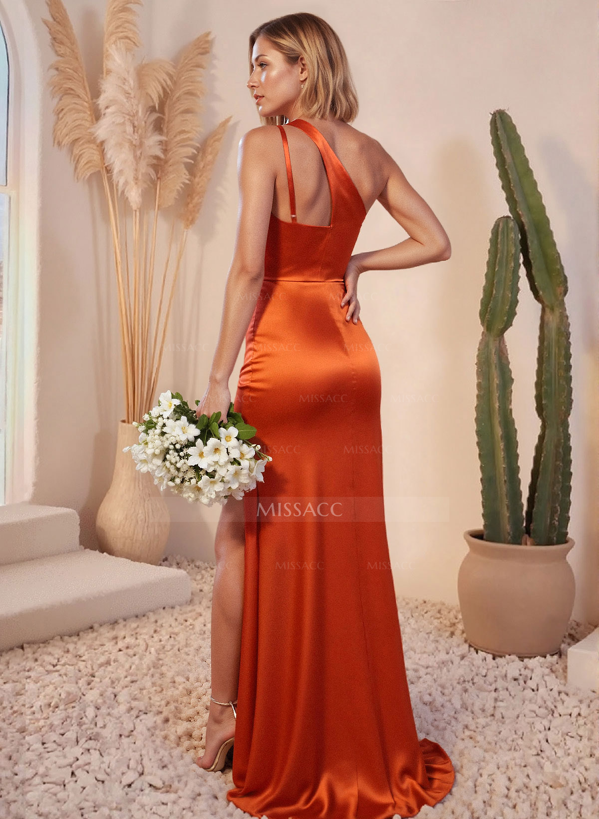 Asymmetrical Neckline High Split Sweep Train Stretch Satin Bridesmaid Dresses