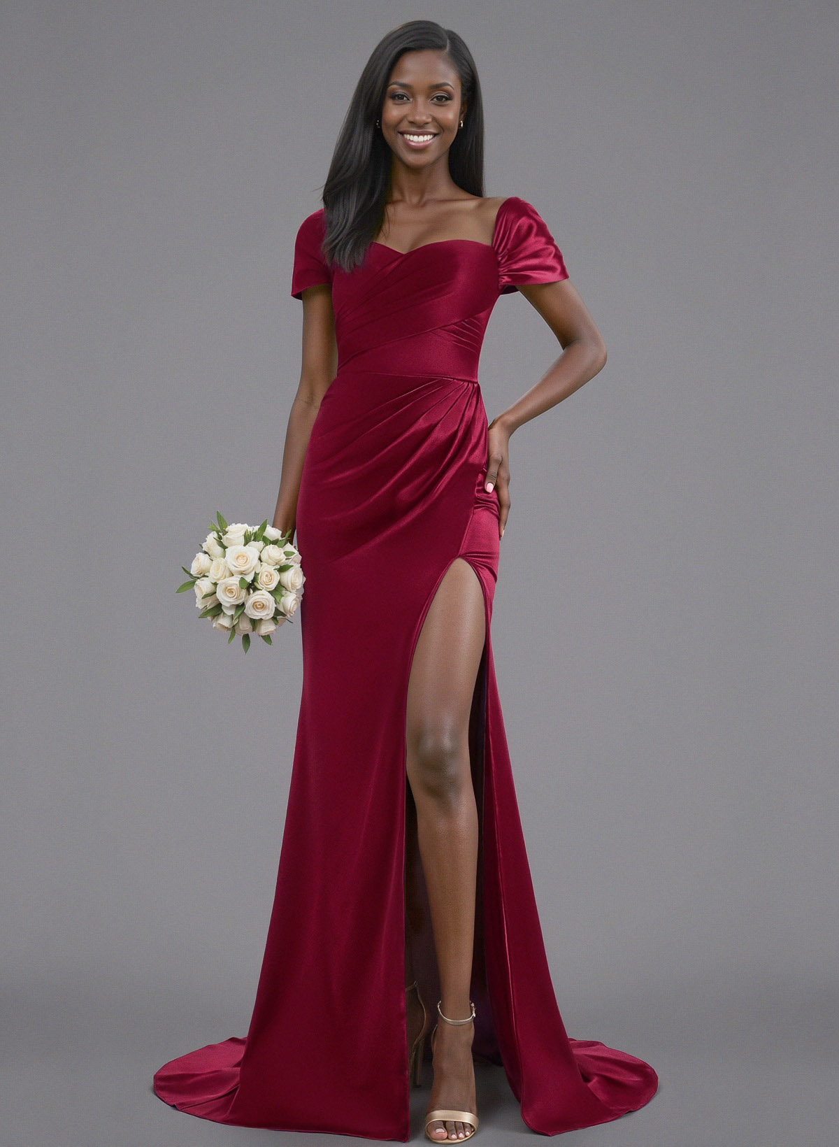 Off-The-Shoulder Sweep Train Stretch Satin Bridesmaid Dresses With Pleated/High Split