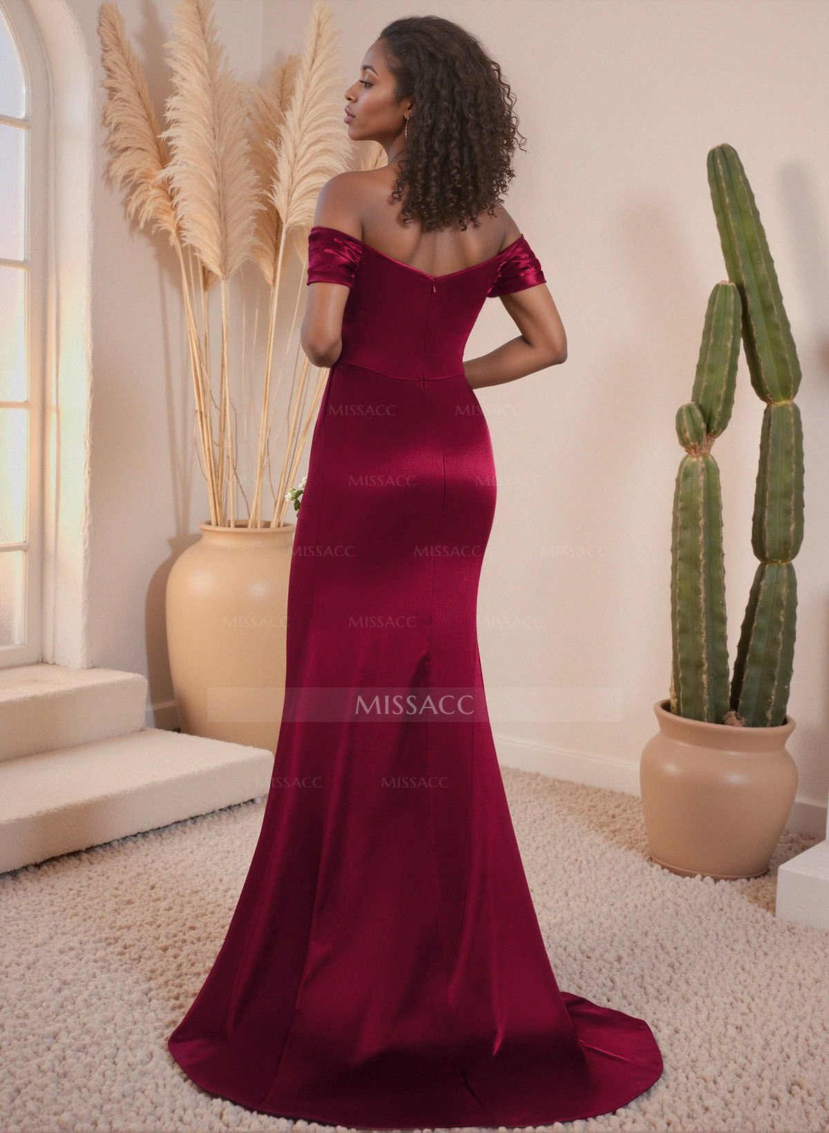 Off-The-Shoulder Sweep Train Stretch Satin Bridesmaid Dresses With Pleated/High Split