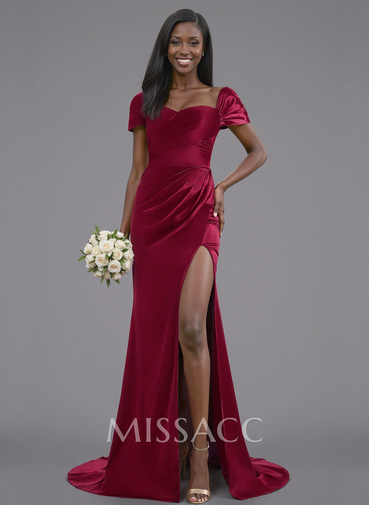 Off-The-Shoulder Sweep Train Stretch Satin Bridesmaid Dresses With Pleated/High Split