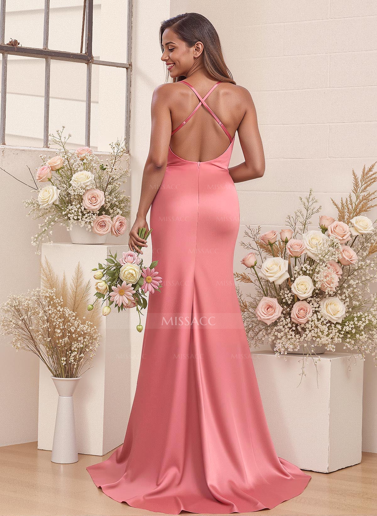 Cowl Neck High Split Mermaid Sweep Train Stretch Satin Bridesmaid Dresses