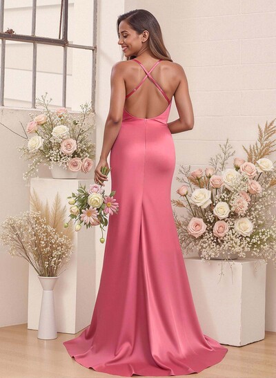 Cowl Neck High Split Mermaid Sweep Train Charmeuse Bridesmaid Dresses