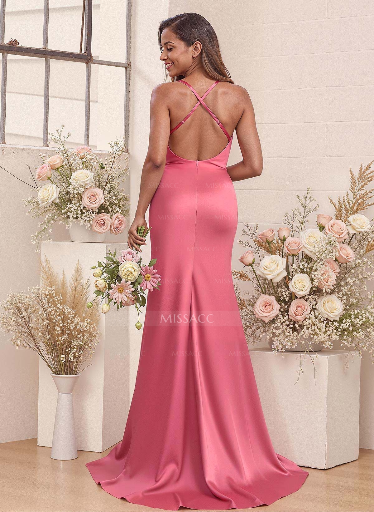 Cowl Neck High Split Mermaid Sweep Train Charmeuse Bridesmaid Dresses