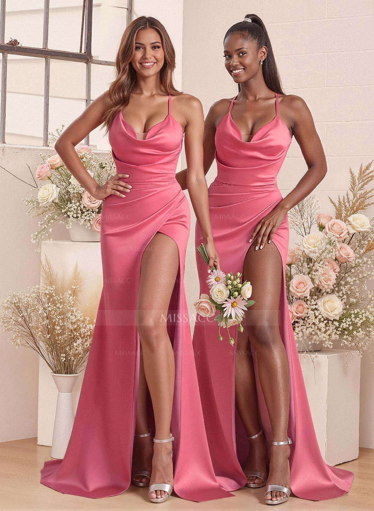 Cowl Neck High Split Mermaid Sweep Train Charmeuse Bridesmaid Dresses