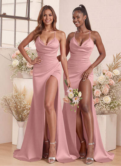 Cowl Neck High Split Mermaid Sweep Train Charmeuse Bridesmaid Dresses