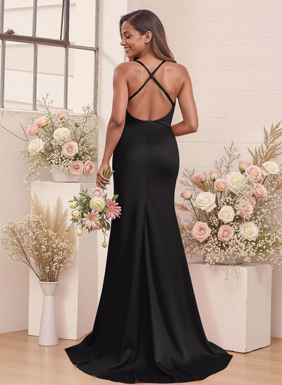 Cowl Neck High Split Mermaid Sweep Train Charmeuse Bridesmaid Dresses