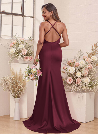 Cowl Neck High Split Mermaid Sweep Train Charmeuse Bridesmaid Dresses