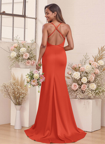 Cowl Neck High Split Mermaid Sweep Train Charmeuse Bridesmaid Dresses