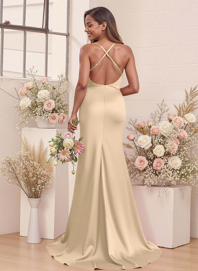 Cowl Neck High Split Mermaid Sweep Train Charmeuse Bridesmaid Dresses