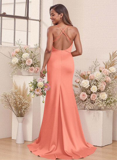 Cowl Neck High Split Mermaid Sweep Train Charmeuse Bridesmaid Dresses