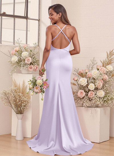 Cowl Neck High Split Mermaid Sweep Train Charmeuse Bridesmaid Dresses