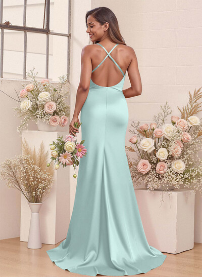 Cowl Neck High Split Mermaid Sweep Train Charmeuse Bridesmaid Dresses