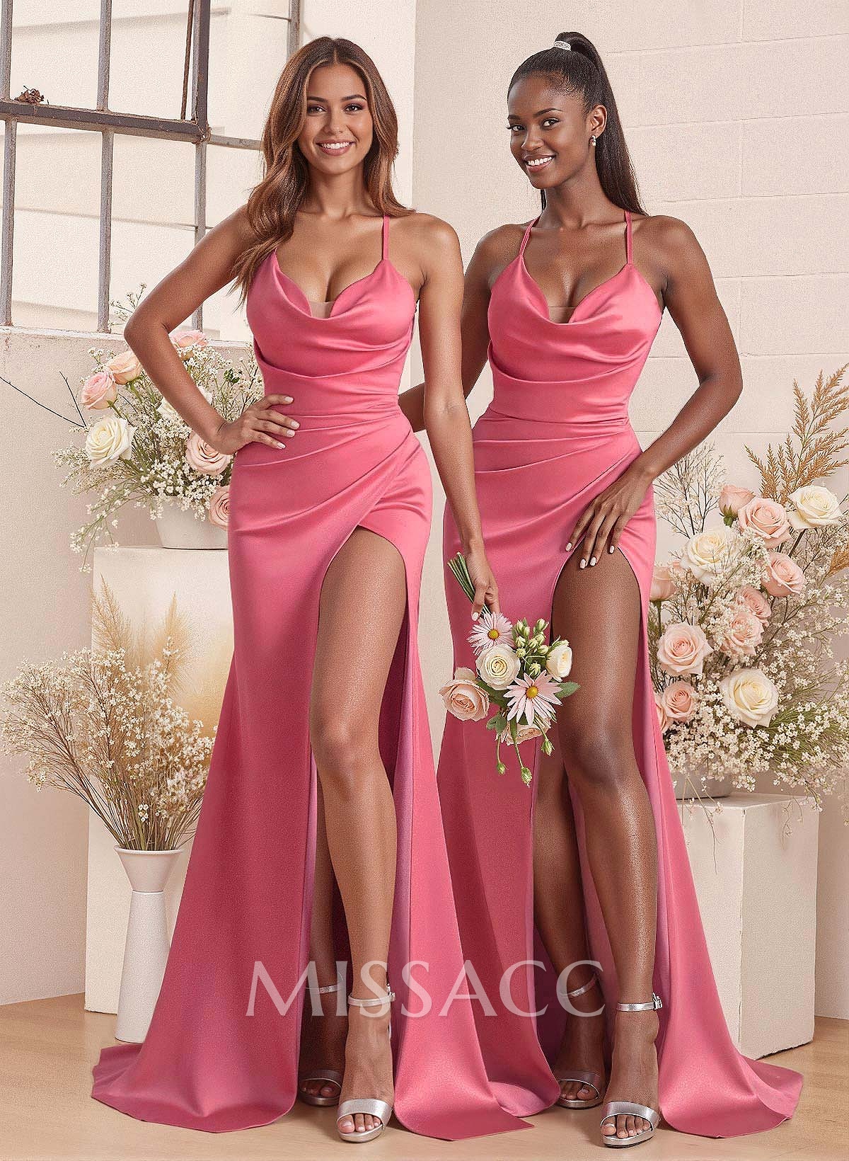 Cowl Neck High Split Mermaid Sweep Train Charmeuse Bridesmaid Dresses