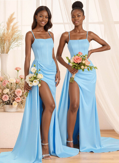 Square Neckline High Split Sweeping Side Drape Stretch Satin Bridesmaid Dresses