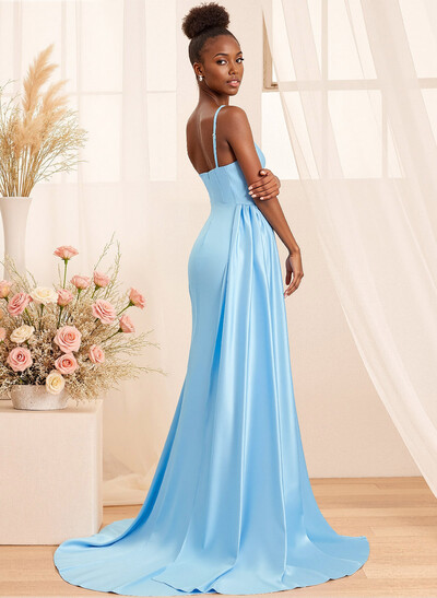 Square Neckline High Split Sweeping Side Drape Stretch Satin Bridesmaid Dresses