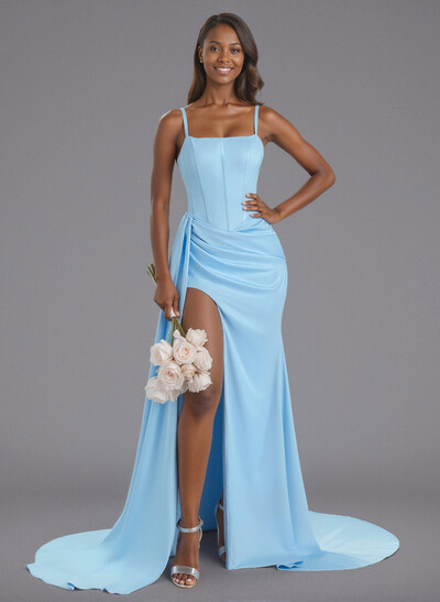 Square Neckline High Split Sweeping Side Drape Stretch Satin Bridesmaid Dresses