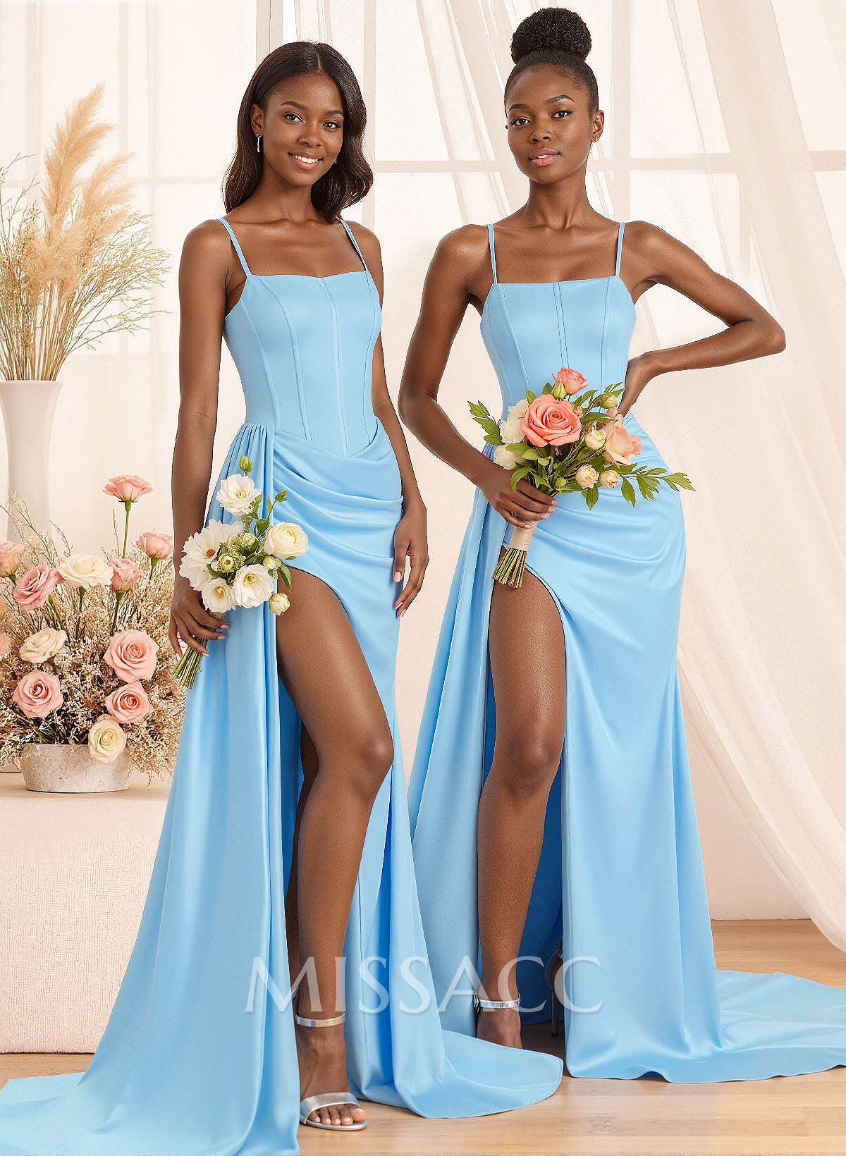 Square Neckline High Split Sweeping Side Drape Stretch Satin Bridesmaid Dresses