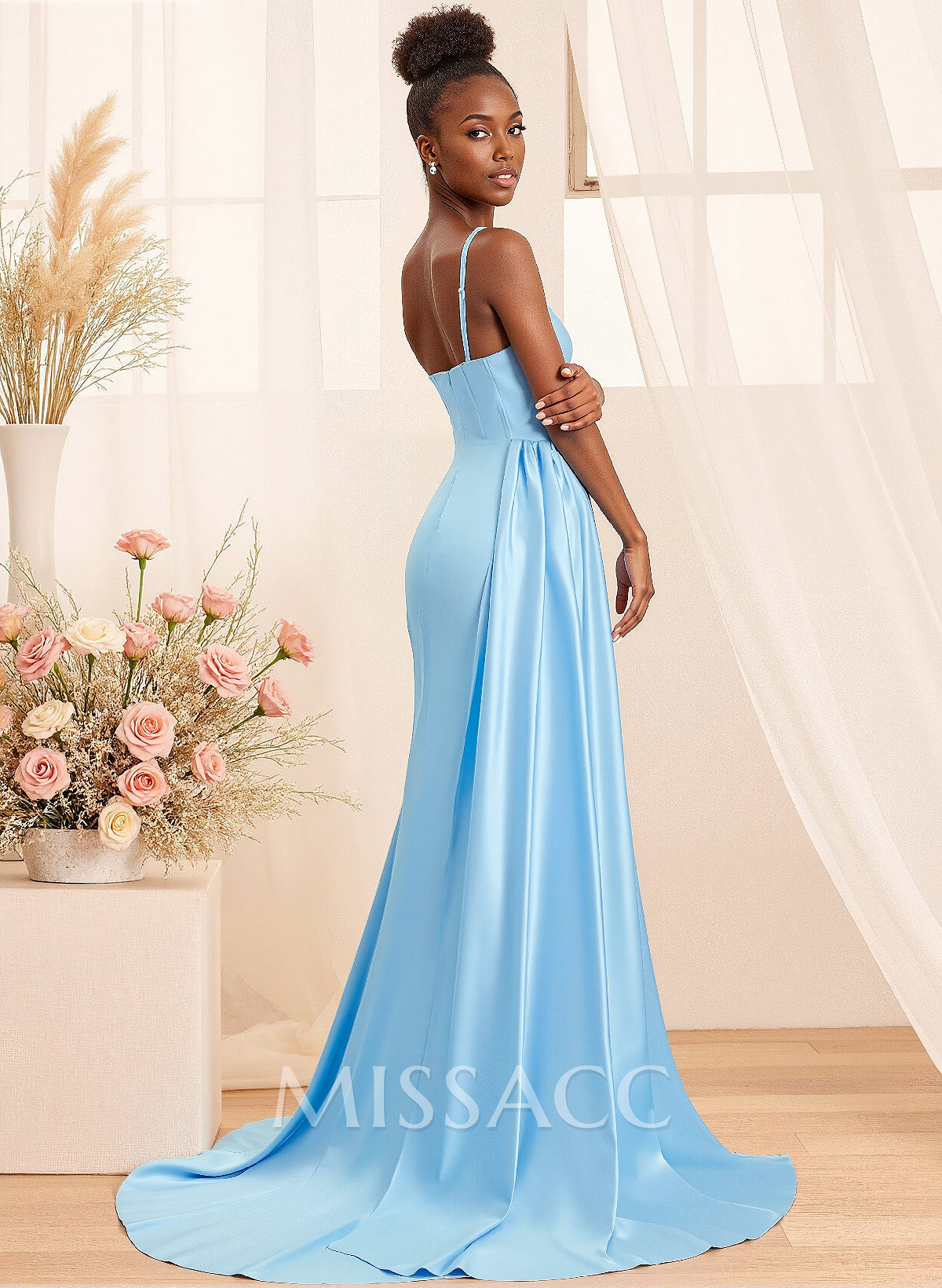 Square Neckline High Split Sweeping Side Drape Stretch Satin Bridesmaid Dresses