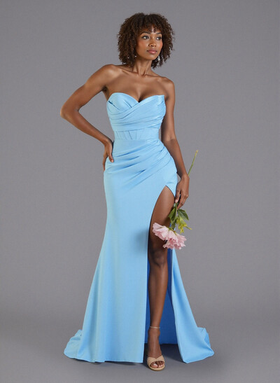 Ruched Sweetheart High Split Sweep Train Stretch Satin Bridesmaid Dresses