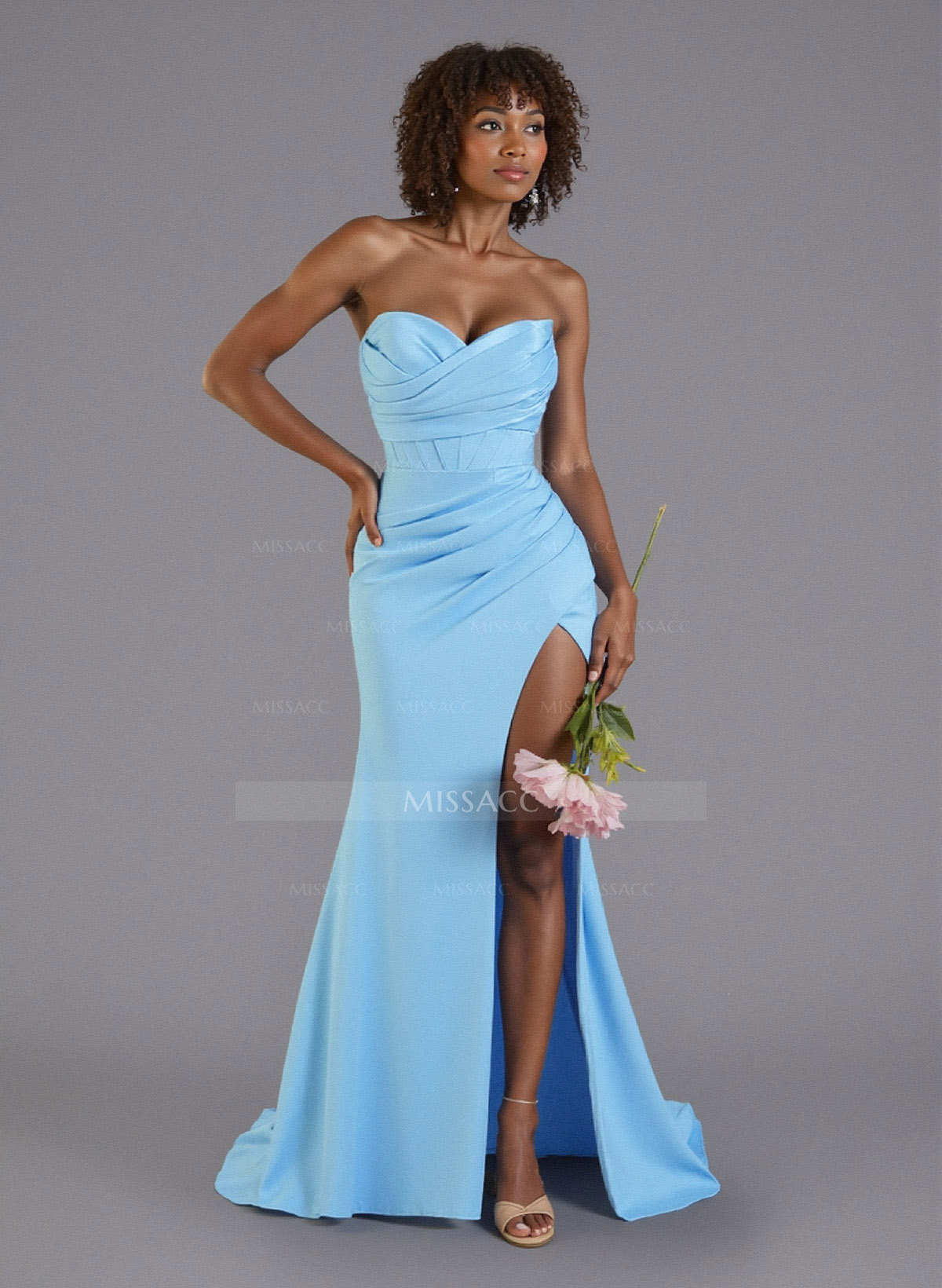 Ruched Sweetheart High Split Sweep Train Stretch Satin Bridesmaid Dresses