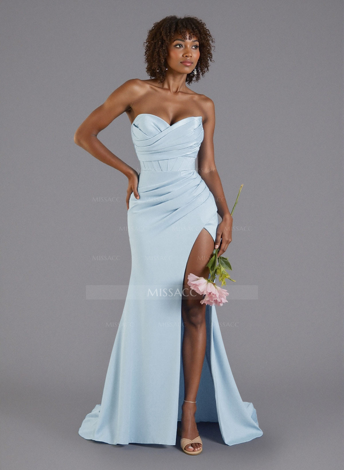 Ruched Sweetheart High Split Sweep Train Crepe Satin Bridesmaid Dresses