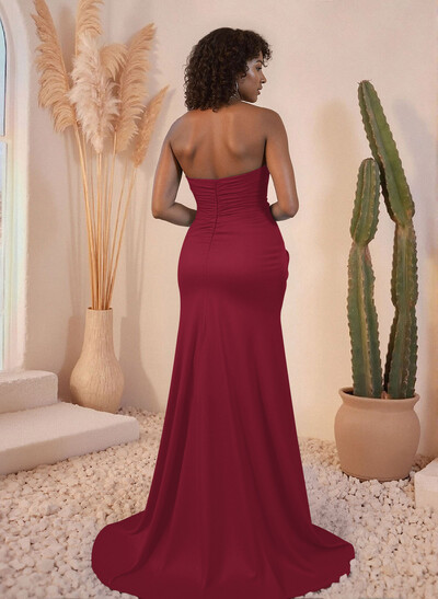 Ruched Sweetheart High Split Sweep Train Crepe Satin Bridesmaid Dresses