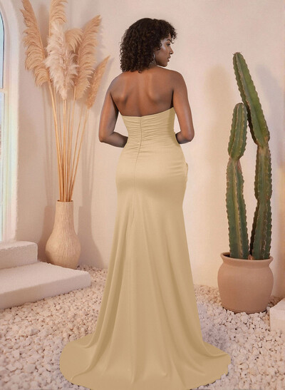 Ruched Sweetheart High Split Sweep Train Crepe Satin Bridesmaid Dresses
