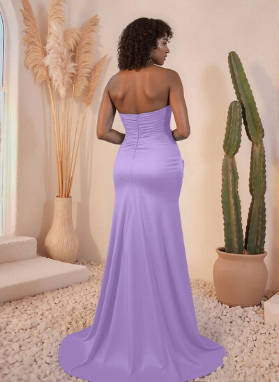Ruched Sweetheart High Split Sweep Train Crepe Satin Bridesmaid Dresses