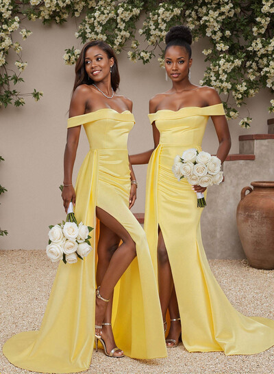 Off-The-Shoulder High Split Sweeping Side Drape Stretch Satin Bridesmaid Dresses