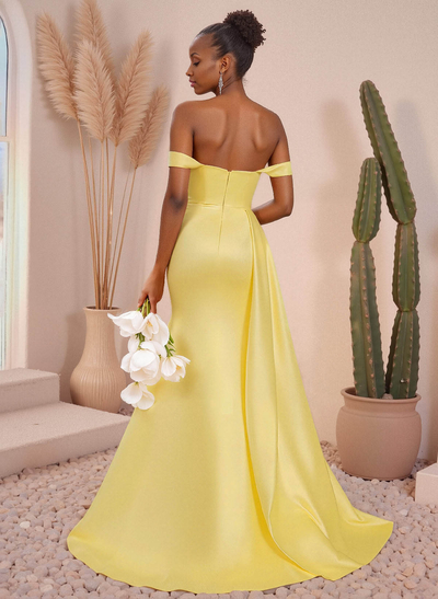 Off-The-Shoulder High Split Sweeping Side Drape Stretch Satin Bridesmaid Dresses