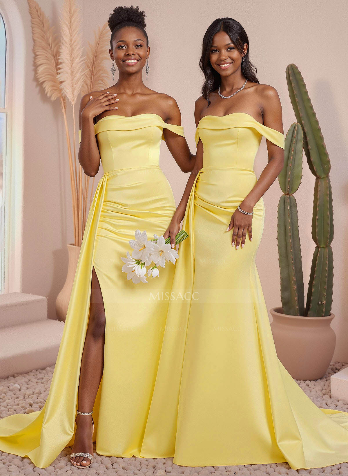 Off-The-Shoulder High Split Sweeping Side Drape Stretch Satin Bridesmaid Dresses
