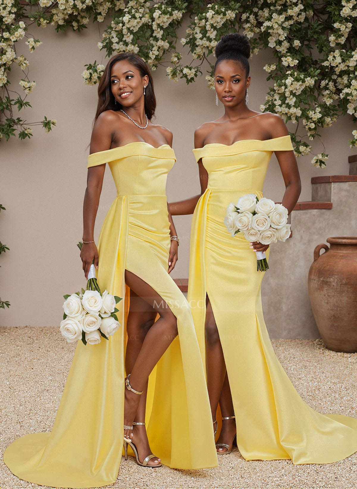 Off-The-Shoulder High Split Sweeping Side Drape Stretch Satin Bridesmaid Dresses
