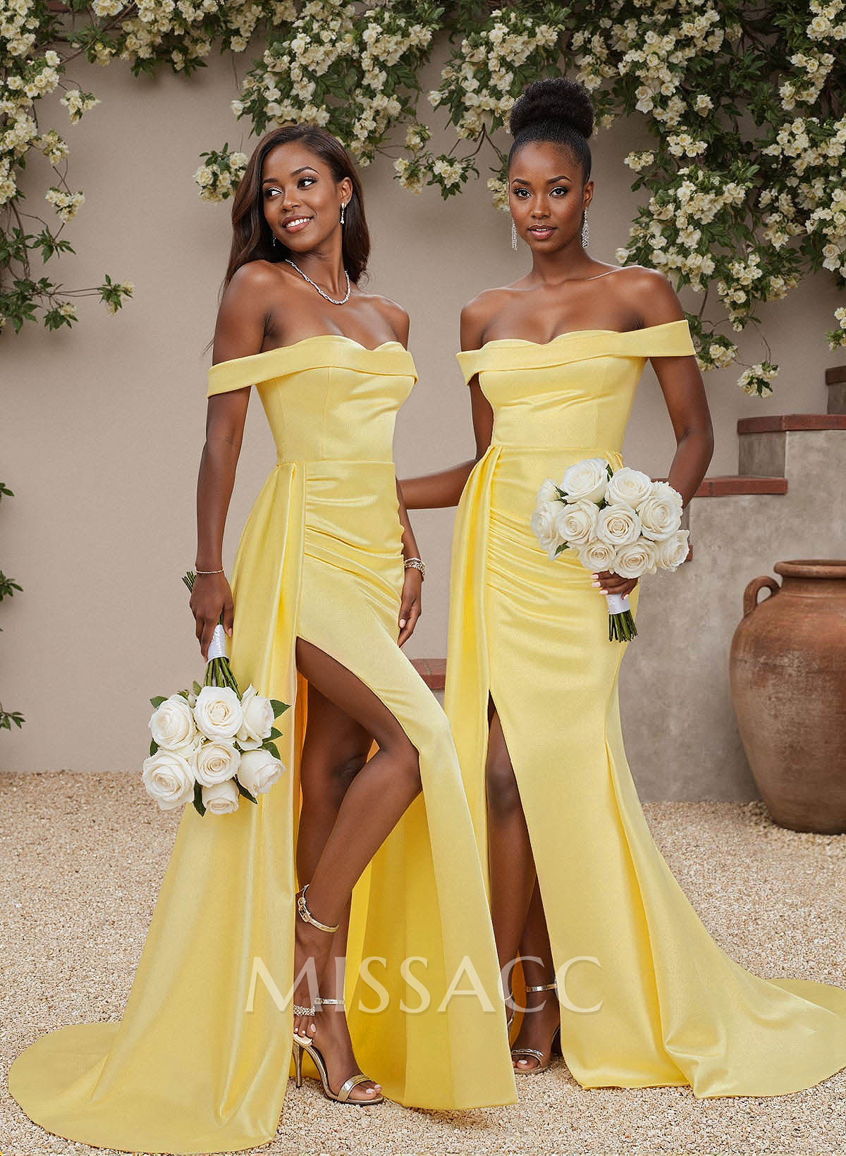 Off-The-Shoulder High Split Sweeping Side Drape Stretch Satin Bridesmaid Dresses