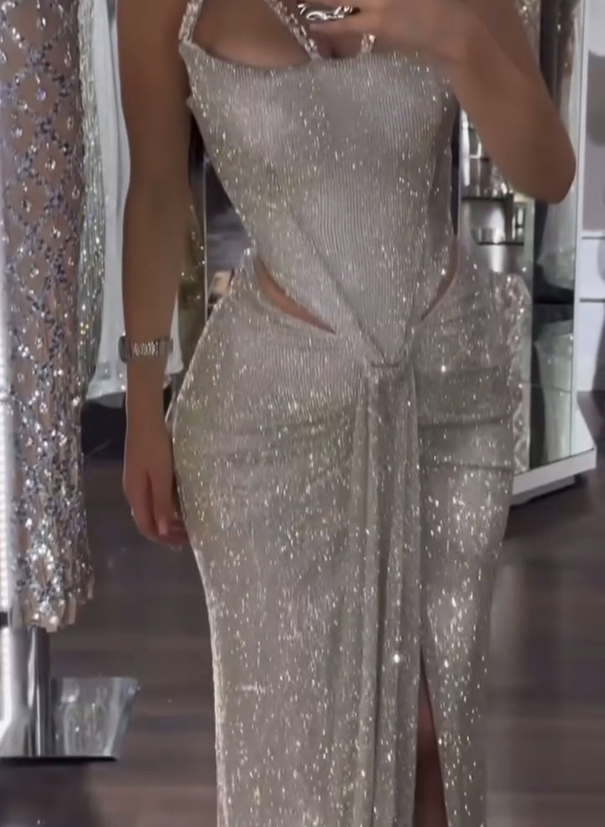 Sparkle & Shine Spaghetti Straps Split Front Sweep Train Sequined Evening Dresses