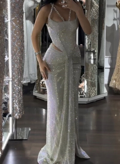 Sparkle & Shine Spaghetti Straps Split Front Sweep Train Sequined Evening Dresses