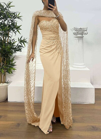 Sparkle & Shine Sequined Sweetheart Split Front Sweep Train Elastic Satin Evening Dresses