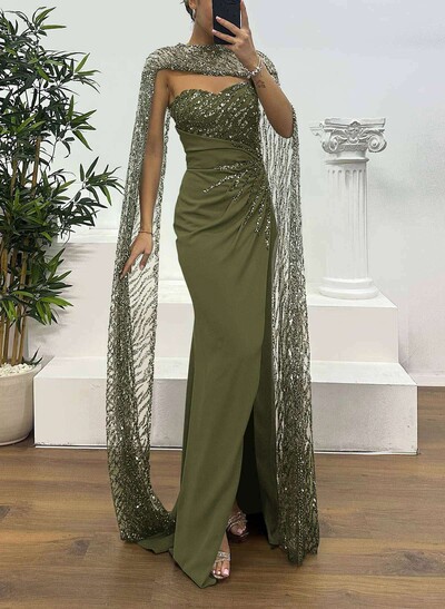 Sparkle & Shine Sequined Sweetheart Split Front Sweep Train Elastic Satin Evening Dresses