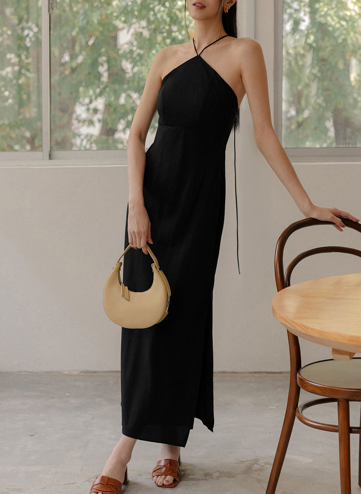 Simple Elegant Sleeveless Halter Ankle-Length Stretch Chiffon Evening Dresses
