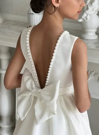 Beading Scoop Neck Sleeveless A-Line Sweep Train Satin Flower Girl Dresses