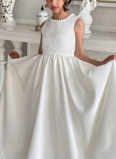 Beading Scoop Neck Sleeveless A-Line Sweep Train Satin Flower Girl Dresses