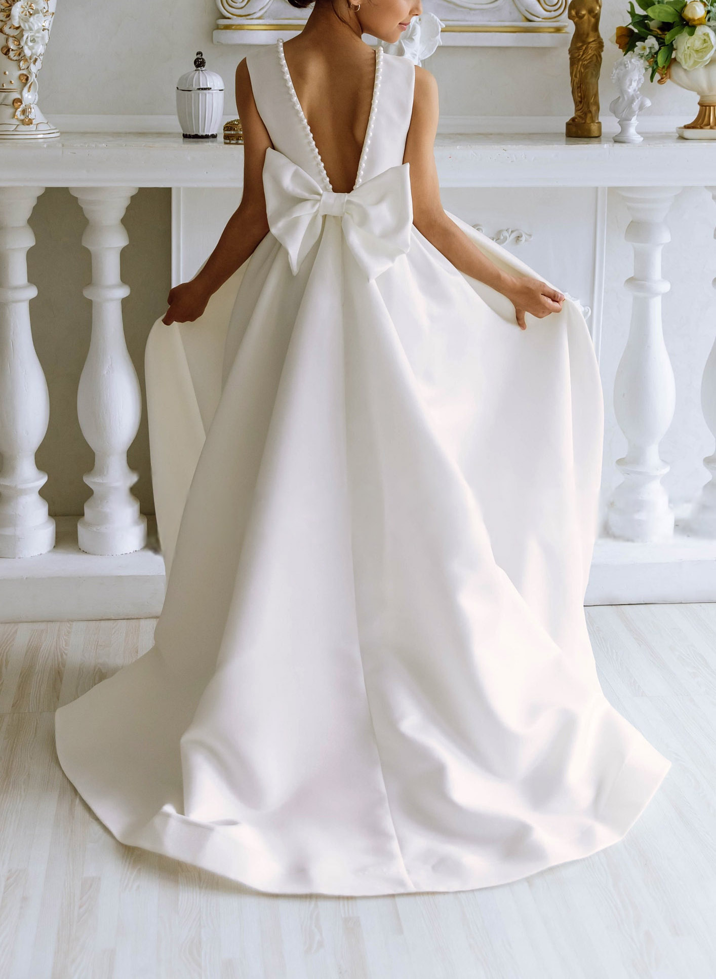 Beading Scoop Neck Sleeveless A-Line Sweep Train Satin Flower Girl Dresses