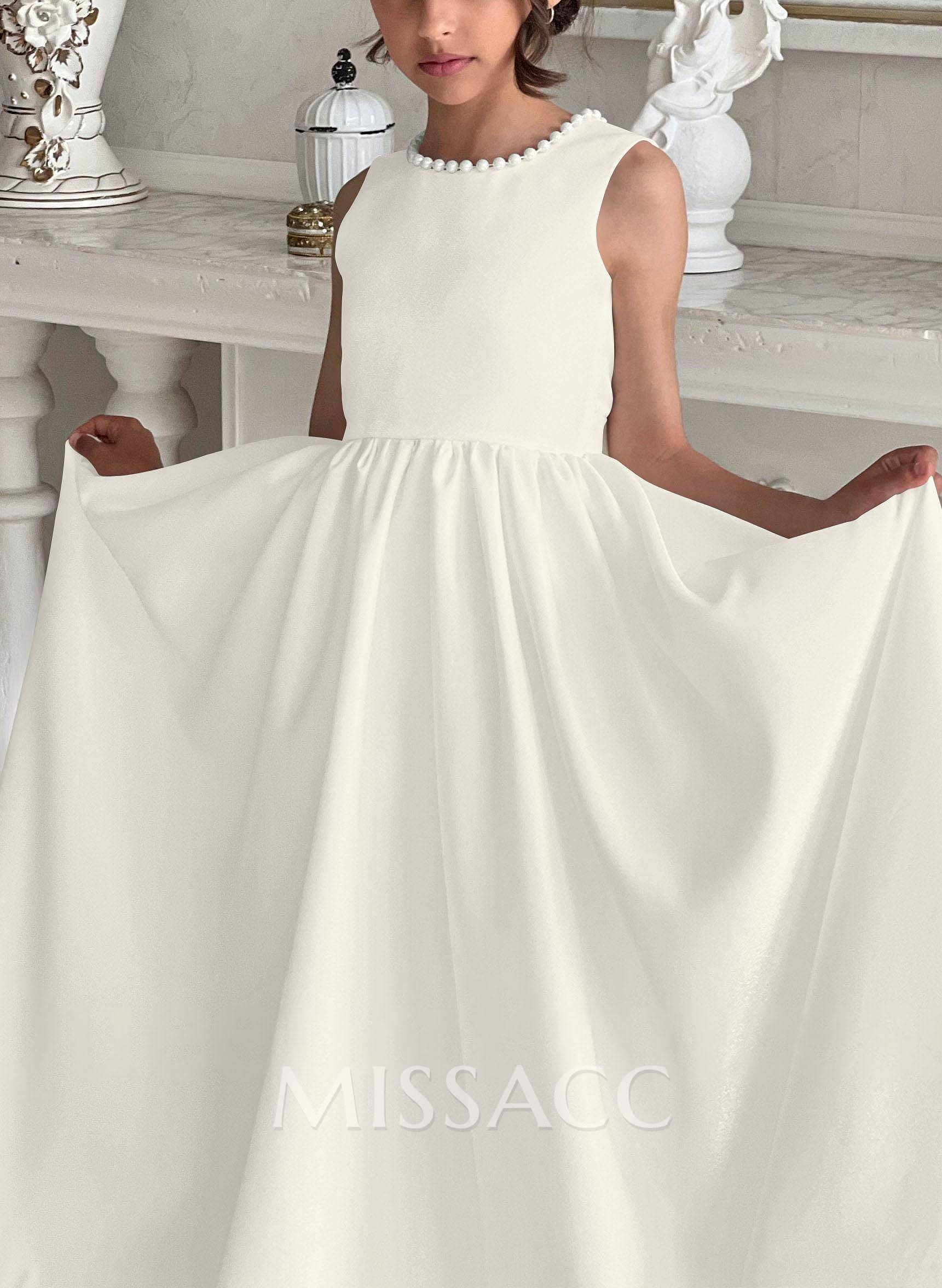 Beading Scoop Neck Sleeveless A-Line Sweep Train Satin Flower Girl Dresses Beading Scoop Neck Sleeveless A-Line Sweep Train Satin Flower Girl Dresses