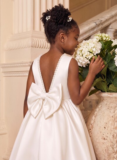 Beading Scoop Neck Sleeveless A-Line Sweep Train Satin Flower Girl Dresses