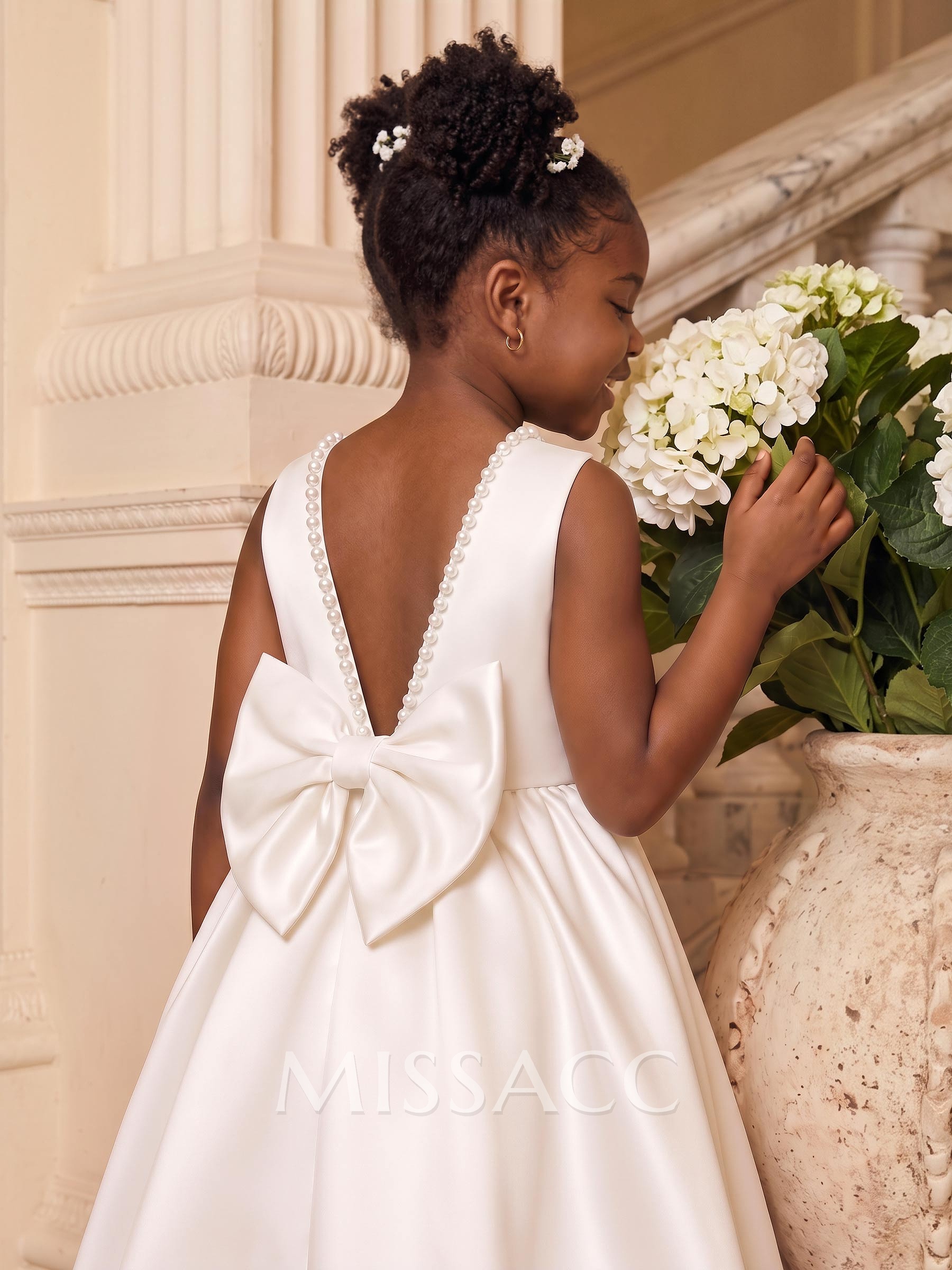 Beading Scoop Neck Sleeveless A-Line Sweep Train Satin Flower Girl Dresses
