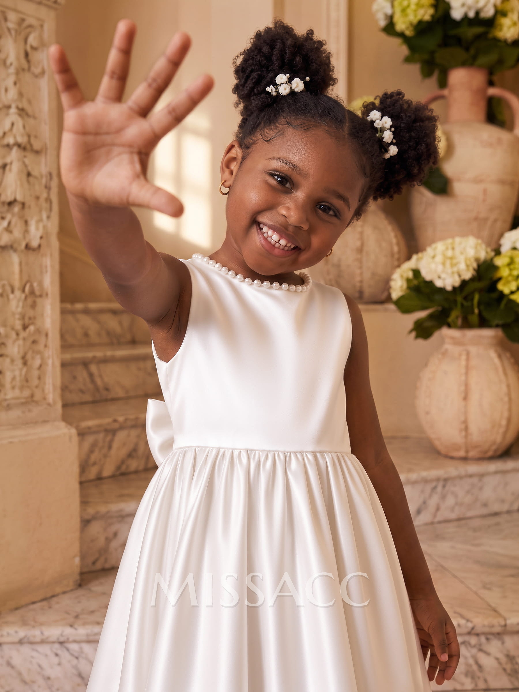 Beading Scoop Neck Sleeveless A-Line Sweep Train Satin Flower Girl Dresses