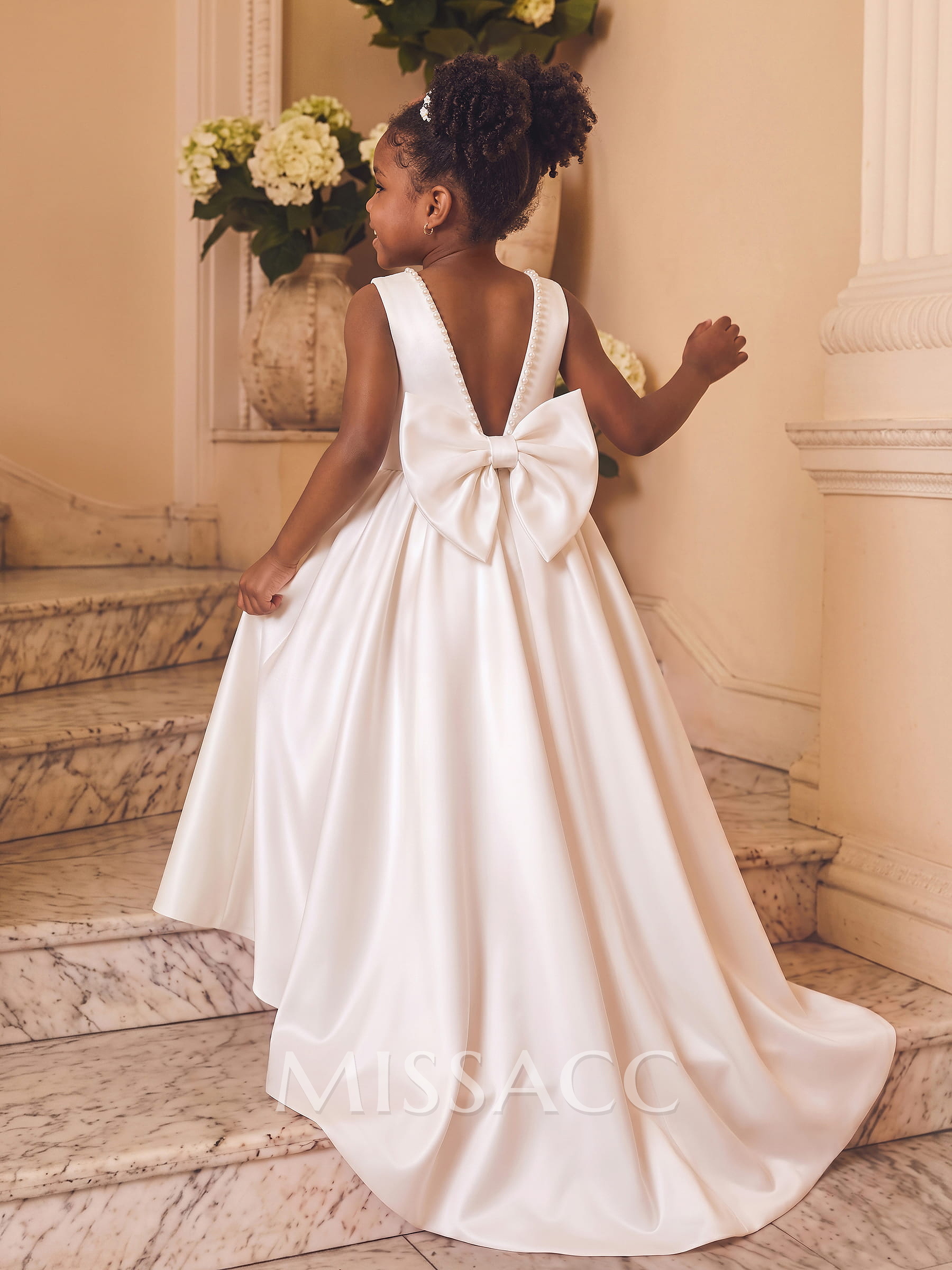 Beading Scoop Neck Sleeveless A-Line Sweep Train Satin Flower Girl Dresses