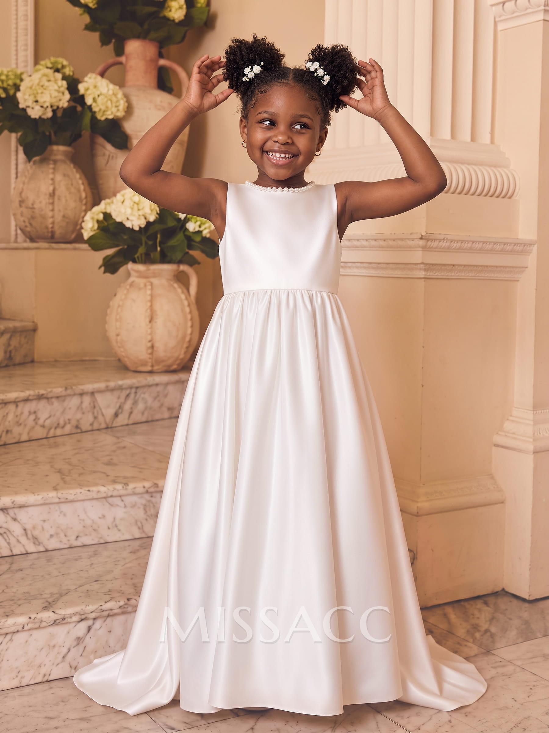 Beading Scoop Neck Sleeveless A-Line Sweep Train Satin Flower Girl Dresses