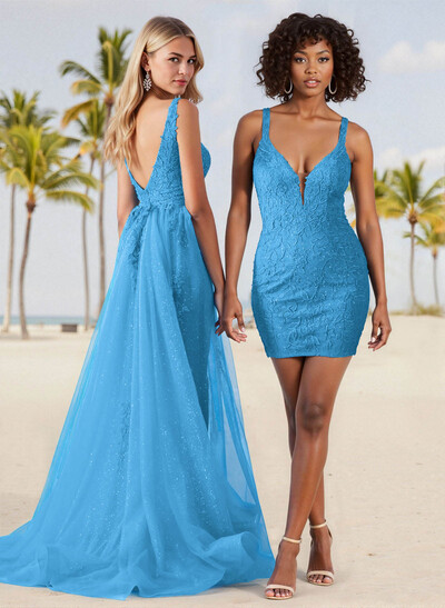 Sheath/Column V-Neck Short/Mini Lace/Elastic Satin Homecoming Dresses With Overskirt Dress